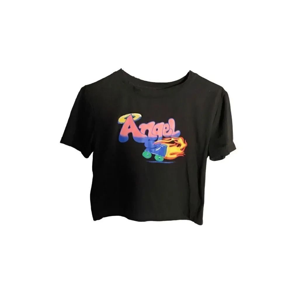 Angel women’s rollerskate, black novelty, short sleeve, crop top size small